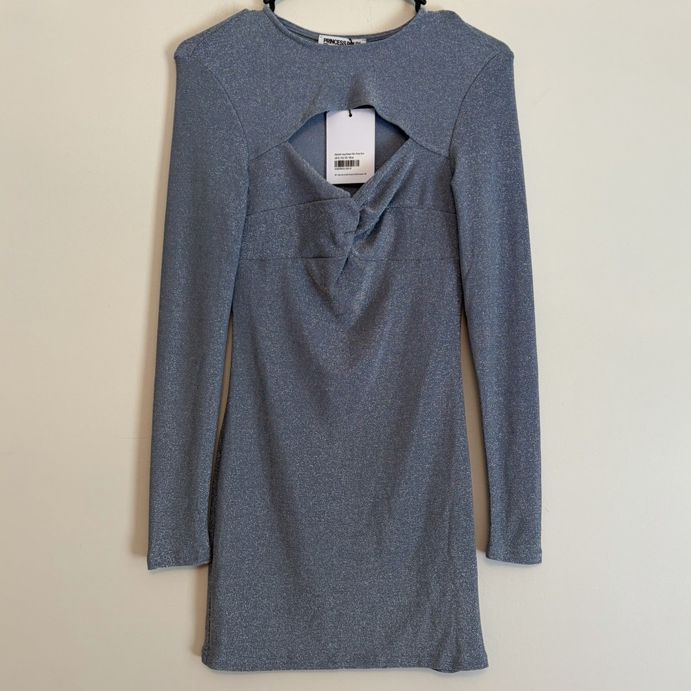 NWT Princess Polly us 6 Absynth Long Sleeve Mini Dress Blue Metallic Long Sleeve
